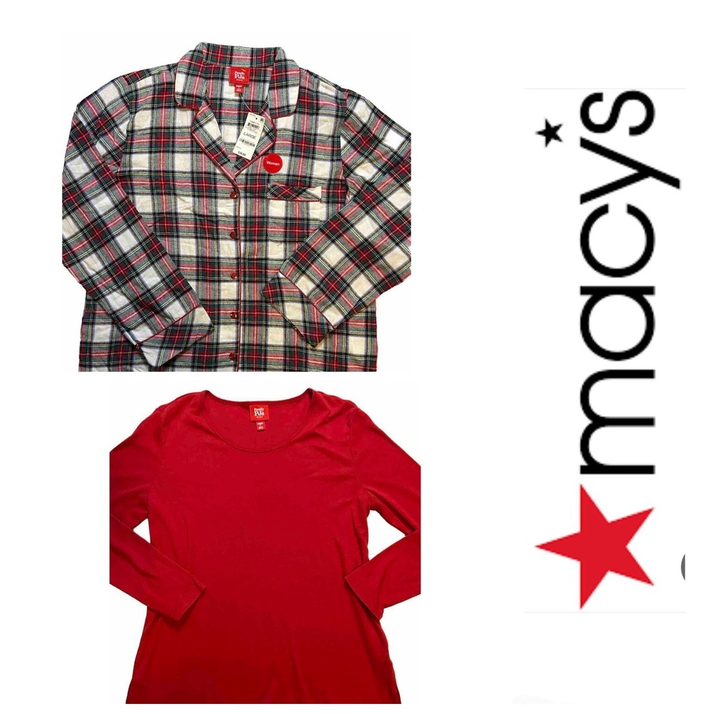 Family PJs Macys Womens Stewart Plaid Pajama Set 2-Piece Red White Large NEW